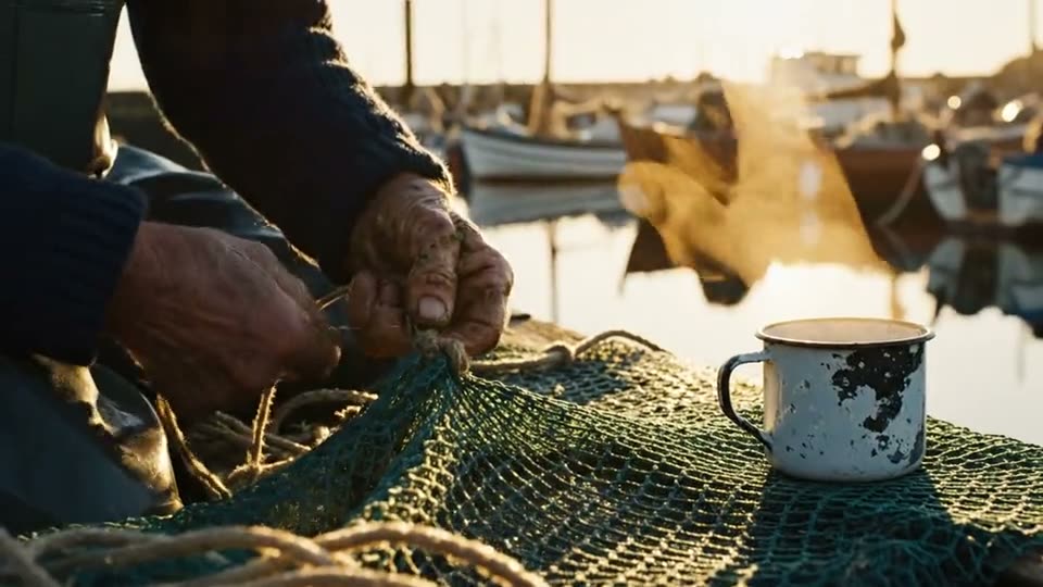 Veo 3.1: Documentary close-up at sunrise: an old fisherman’s hands mend a net in a harbor, coffee steaming beside him